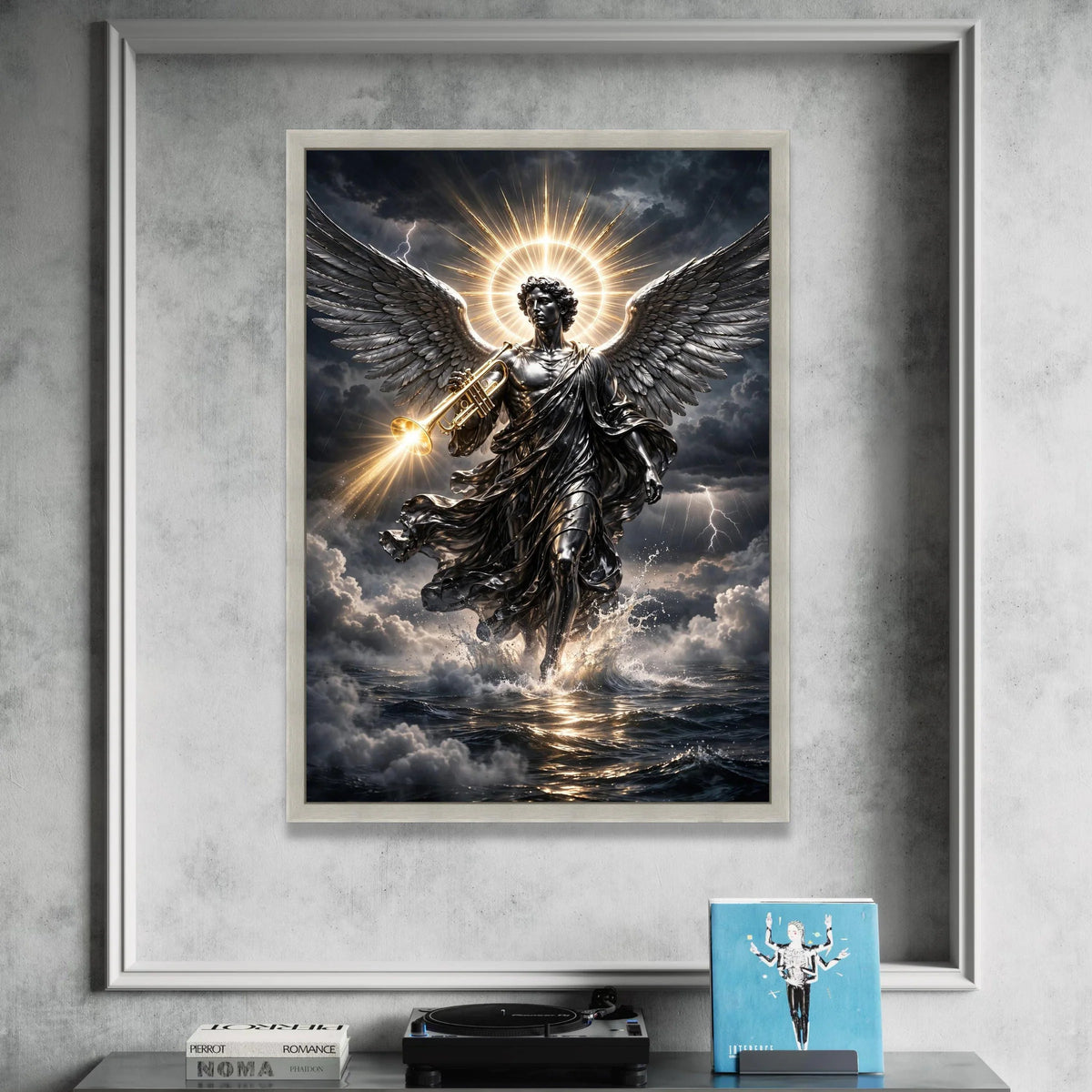 Radiant Archangel Canvas Wall Art, Trumpet Angel with Glowing Halo, Dark Stormy Sky, Spiritual Home Decor, Dramatic Canvas Print Art
