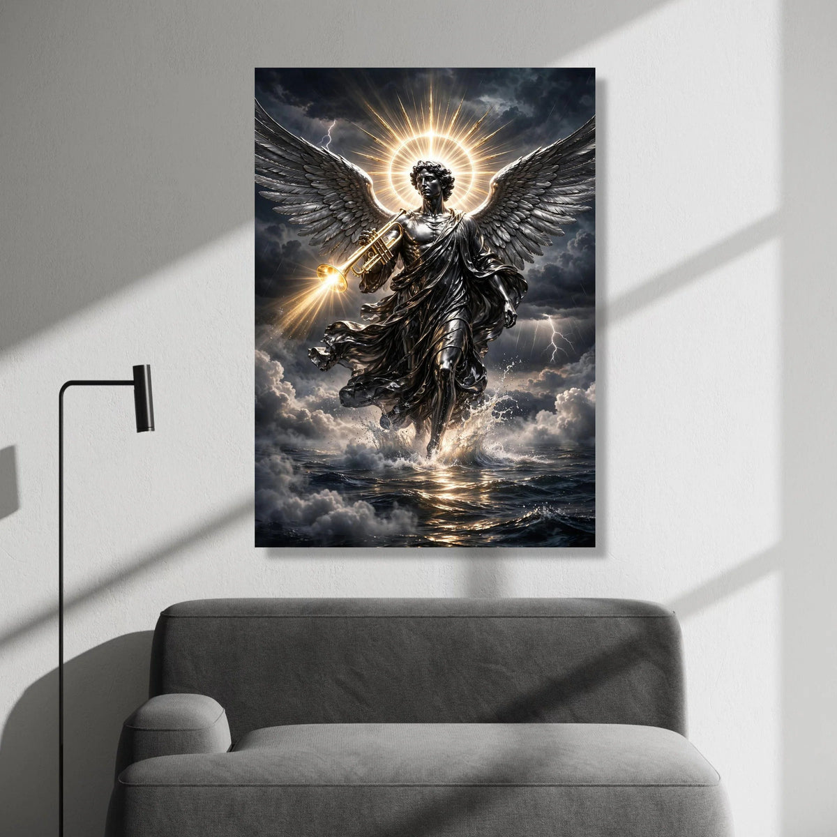 Radiant Archangel Canvas Wall Art, Trumpet Angel with Glowing Halo, Dark Stormy Sky, Spiritual Home Decor, Dramatic Canvas Print Art