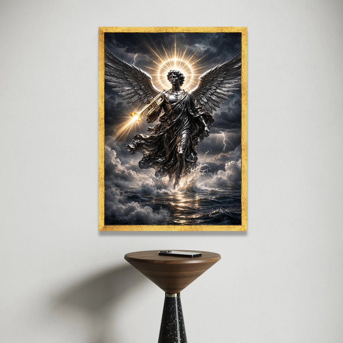 Radiant Archangel Canvas Wall Art, Trumpet Angel with Glowing Halo, Dark Stormy Sky, Spiritual Home Decor, Dramatic Canvas Print Art