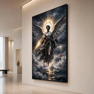 Radiant Archangel Canvas Wall Art, Trumpet Angel with Glowing Halo, Dark Stormy Sky, Spiritual Home Decor, Dramatic Canvas Print Art