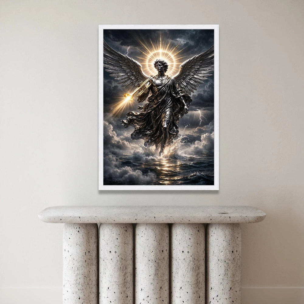 Radiant Archangel Canvas Wall Art, Trumpet Angel with Glowing Halo, Dark Stormy Sky, Spiritual Home Decor, Dramatic Canvas Print Art