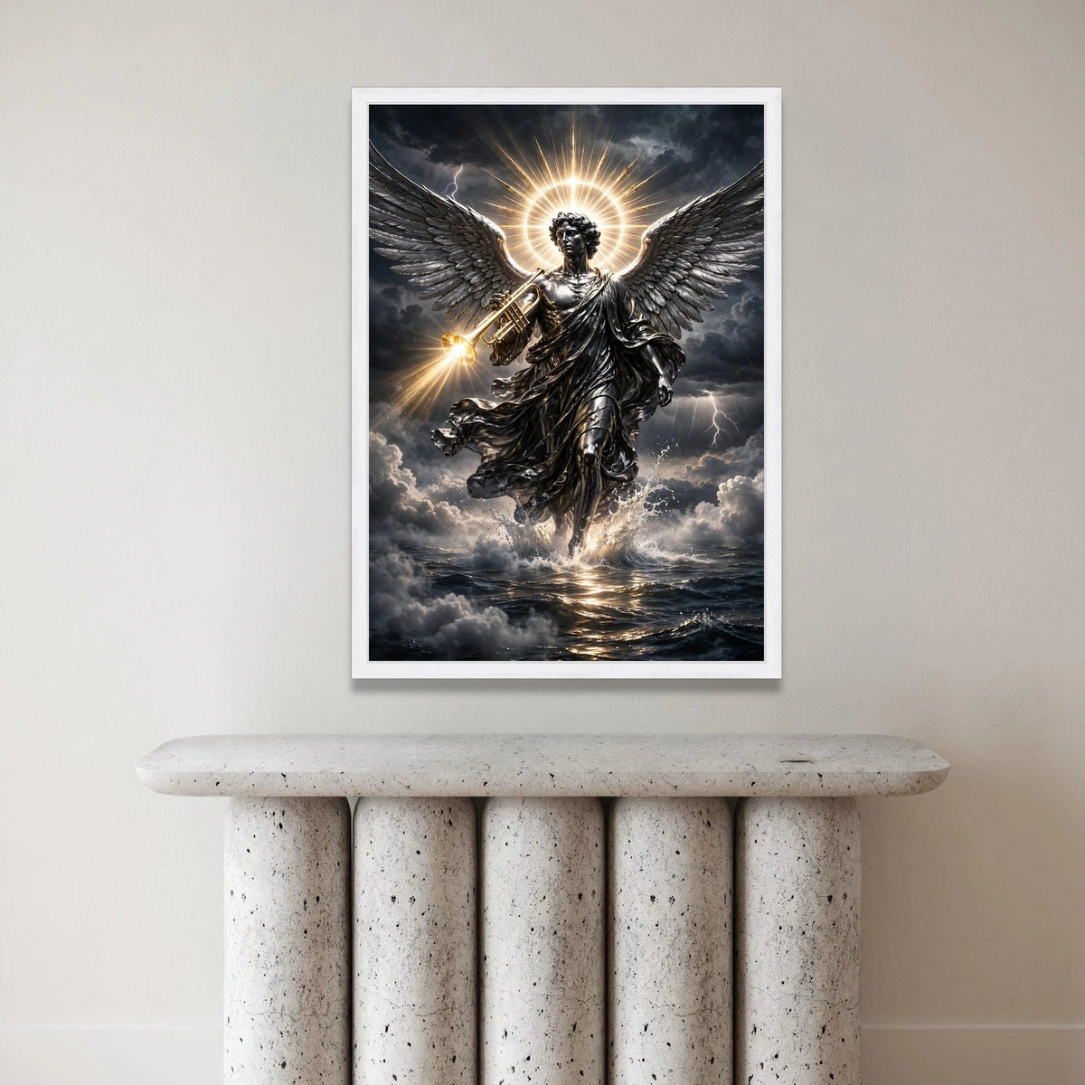 Radiant Archangel Canvas Wall Art, Trumpet Angel with Glowing Halo, Dark Stormy Sky, Spiritual Home Decor, Dramatic Canvas Print Art