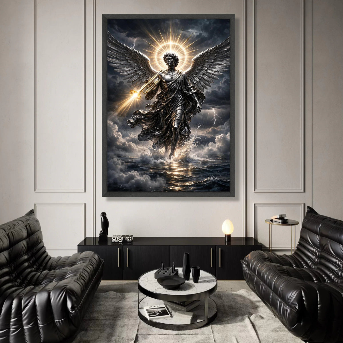 Radiant Archangel Canvas Wall Art, Trumpet Angel with Glowing Halo, Dark Stormy Sky, Spiritual Home Decor, Dramatic Canvas Print Art