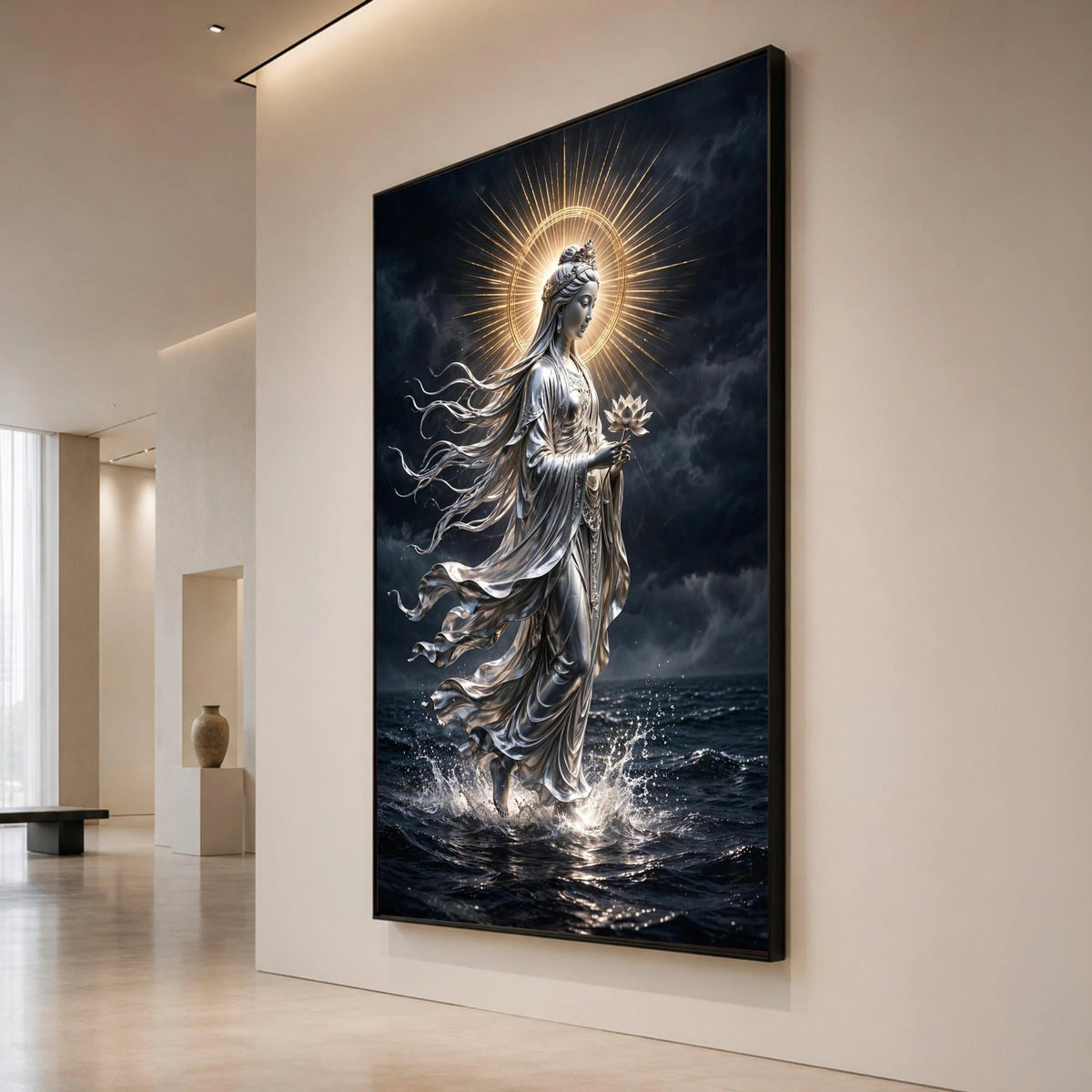 Serene Goddess of Compassion Canvas, Spiritual Meditation Art, Illuminated Halo Wall Decor, Lotus Flower Painting, Peaceful Canvas Print Art