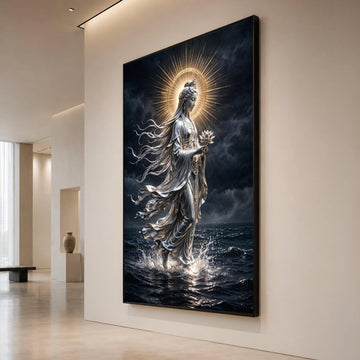 Serene Goddess of Compassion Canvas, Spiritual Meditation Art, Illuminated Halo Wall Decor, Lotus Flower Painting, Peaceful Canvas Print Art