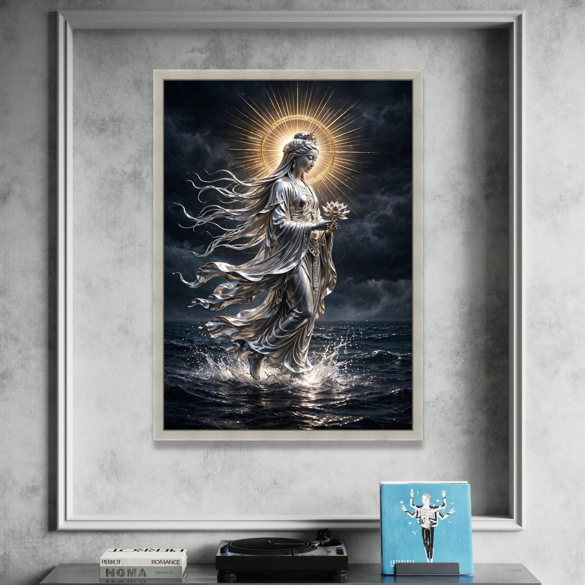 Serene Goddess of Compassion Canvas, Spiritual Meditation Art, Illuminated Halo Wall Decor, Lotus Flower Painting, Peaceful Canvas Print Art