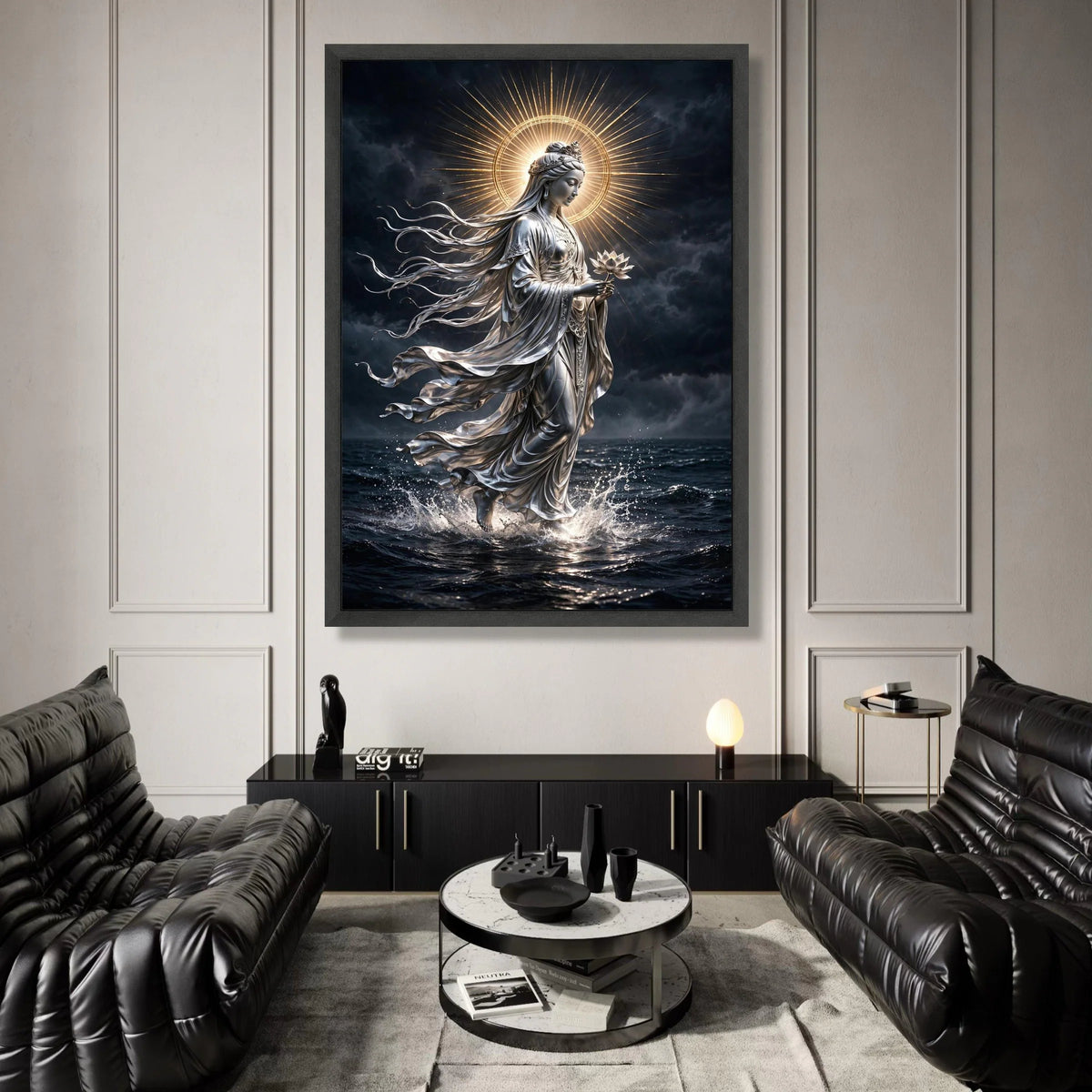 Serene Goddess of Compassion Canvas, Spiritual Meditation Art, Illuminated Halo Wall Decor, Lotus Flower Painting, Peaceful Canvas Print Art