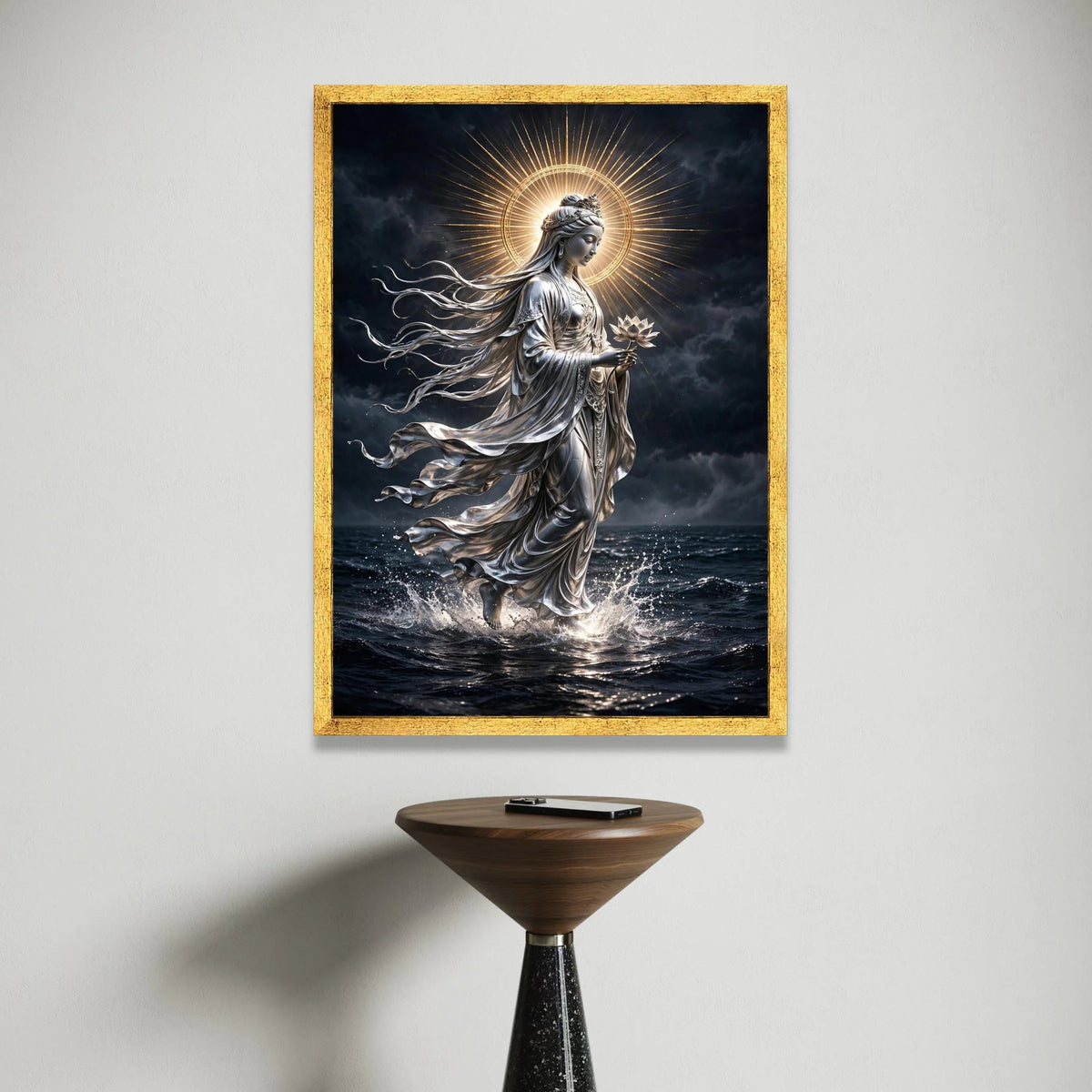 Serene Goddess of Compassion Canvas, Spiritual Meditation Art, Illuminated Halo Wall Decor, Lotus Flower Painting, Peaceful Canvas Print Art