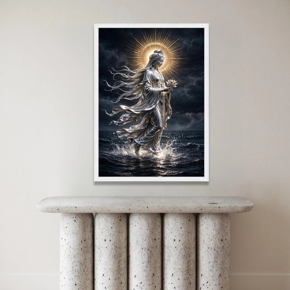 Serene Goddess of Compassion Canvas, Spiritual Meditation Art, Illuminated Halo Wall Decor, Lotus Flower Painting, Peaceful Canvas Print Art
