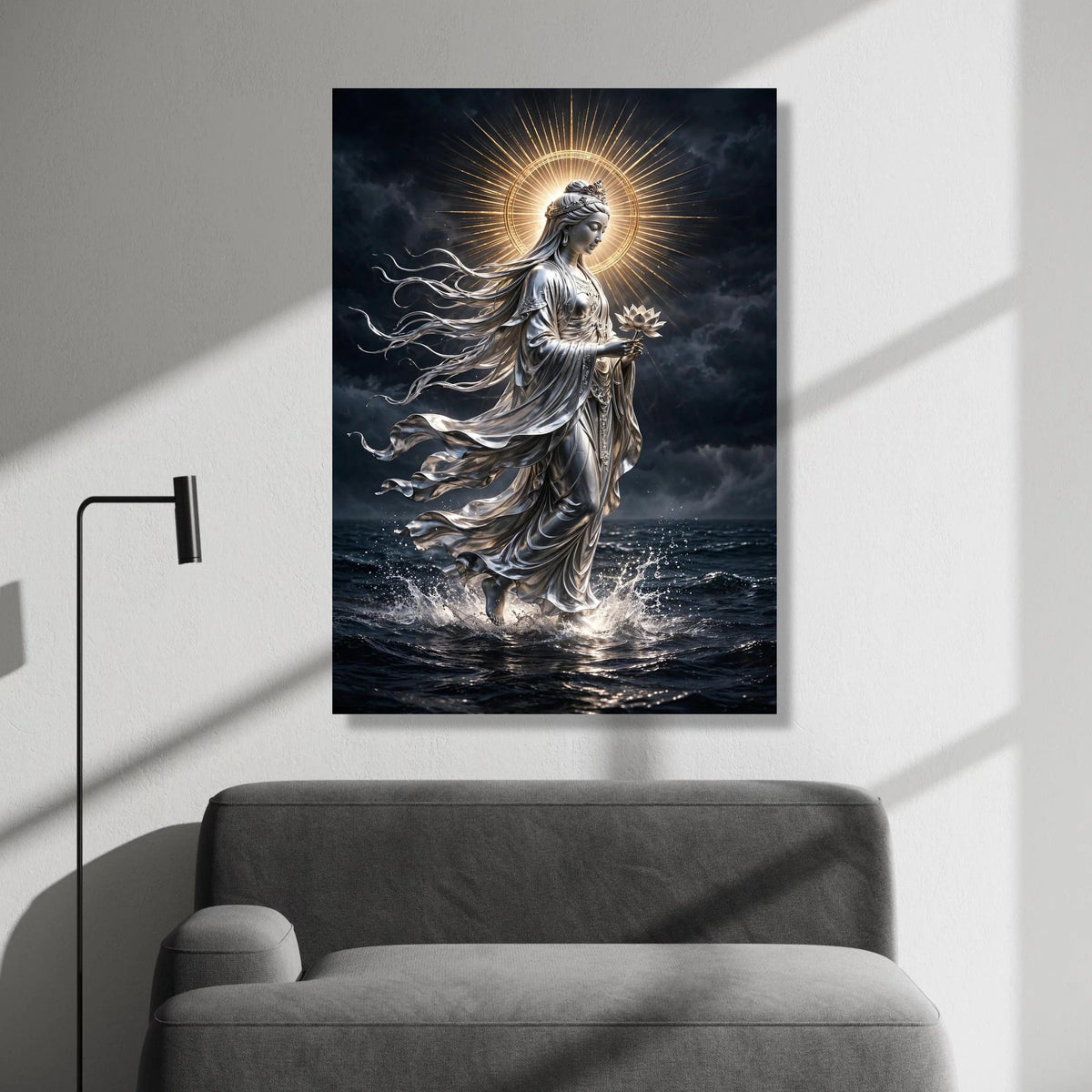 Serene Goddess of Compassion Canvas, Spiritual Meditation Art, Illuminated Halo Wall Decor, Lotus Flower Painting, Peaceful Canvas Print Art