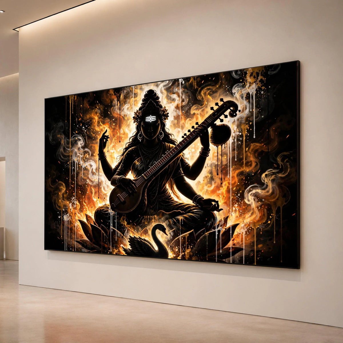 Spiritual Goddess Saraswati Canvas Wall Art, Indian Deity Music Instrument, Elegant Lotus and Swan Design, Mystical Home Canvas Print Art