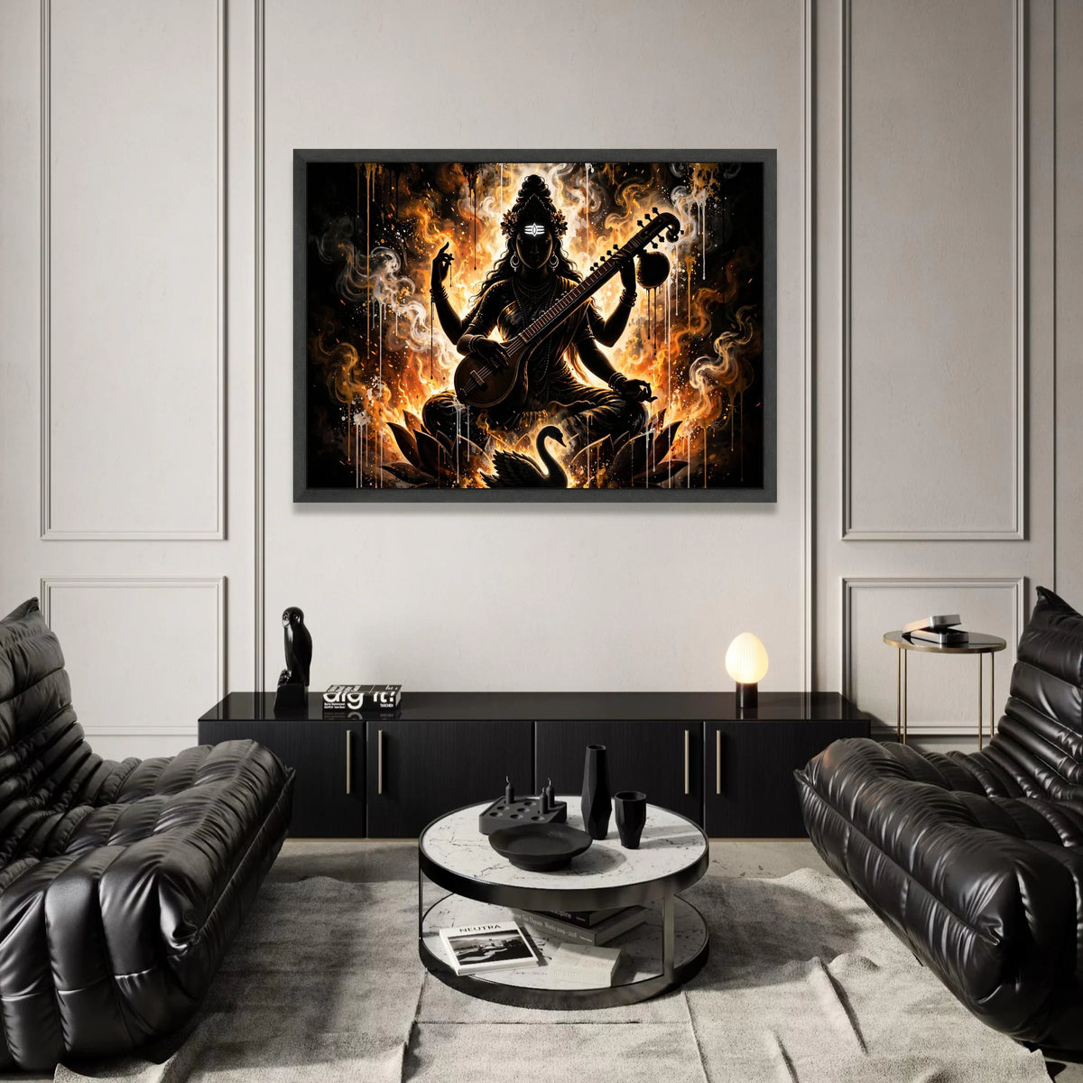 Spiritual Goddess Saraswati Canvas Wall Art, Indian Deity Music Instrument, Elegant Lotus and Swan Design, Mystical Home Canvas Print Art