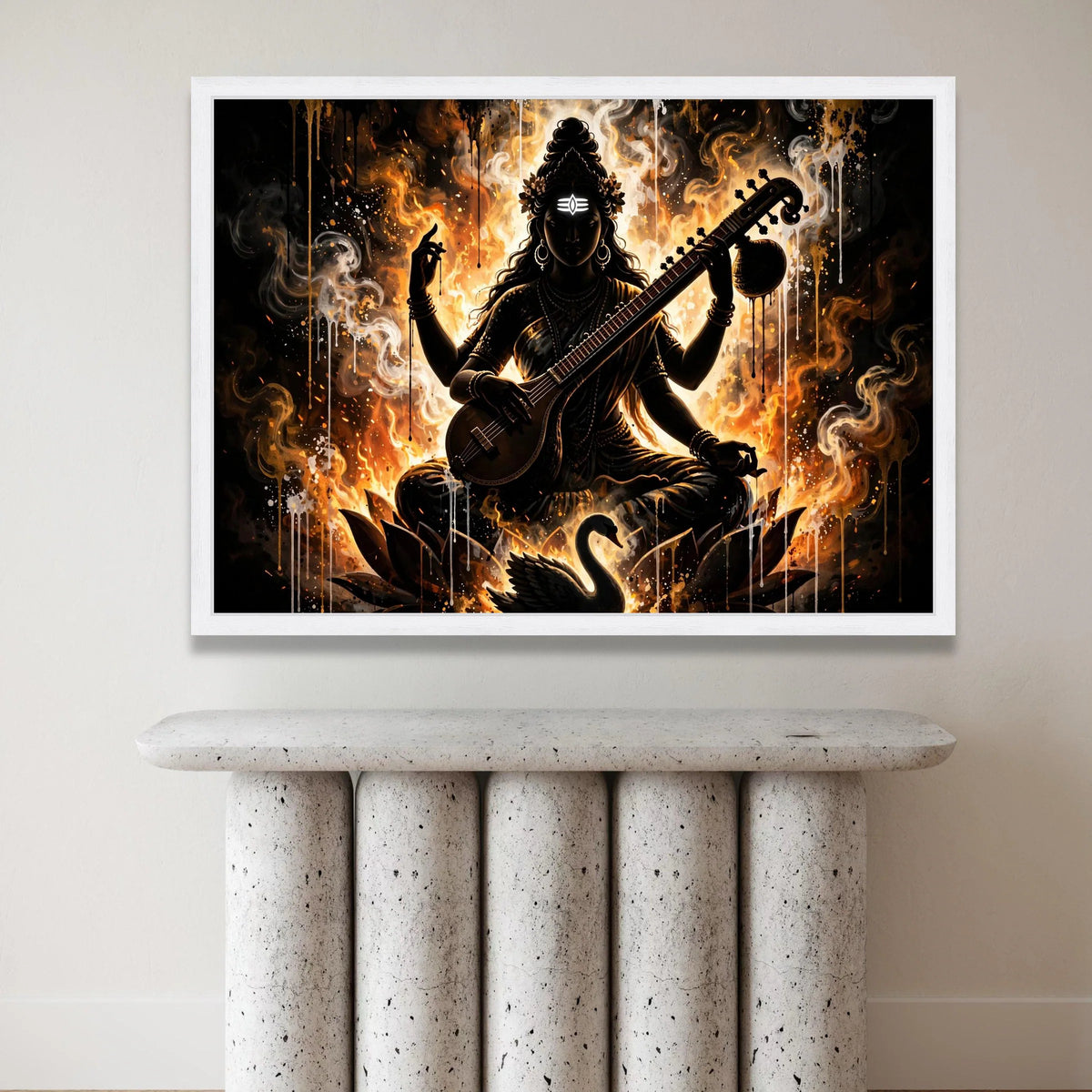 Spiritual Goddess Saraswati Canvas Wall Art, Indian Deity Music Instrument, Elegant Lotus and Swan Design, Mystical Home Canvas Print Art