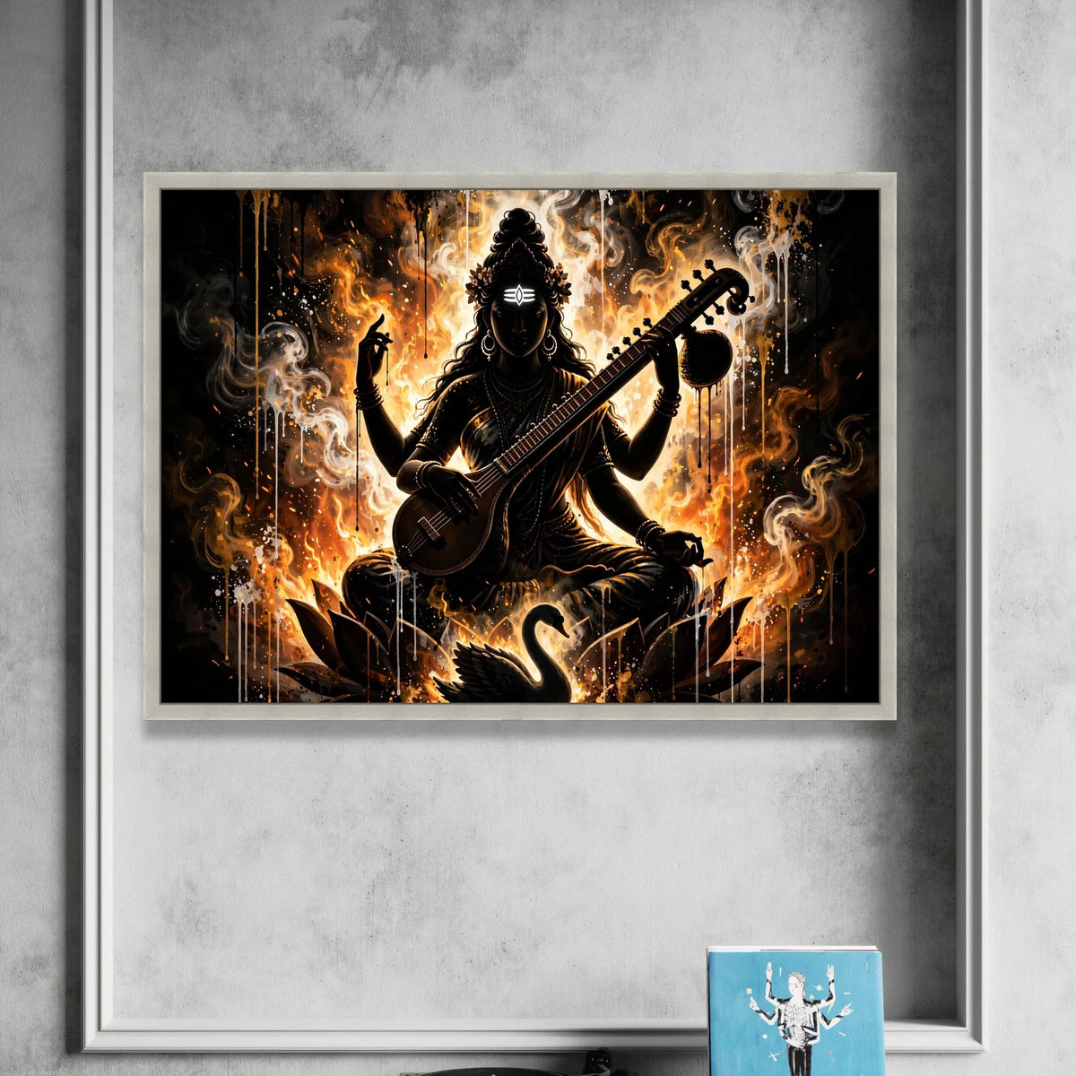 Spiritual Goddess Saraswati Canvas Wall Art, Indian Deity Music Instrument, Elegant Lotus and Swan Design, Mystical Home Canvas Print Art