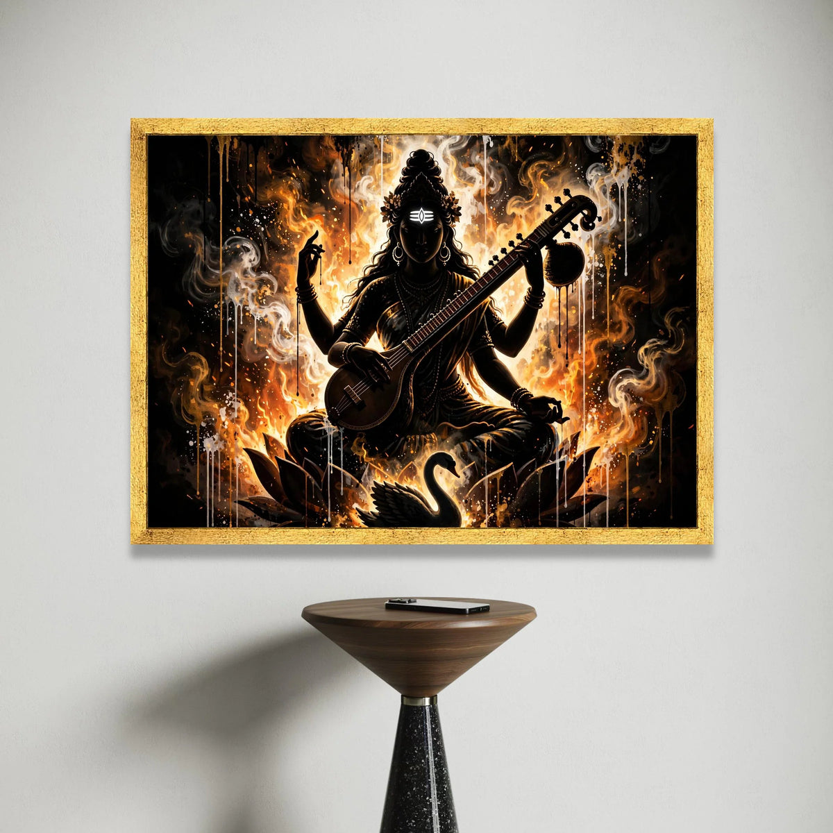 Spiritual Goddess Saraswati Canvas Wall Art, Indian Deity Music Instrument, Elegant Lotus and Swan Design, Mystical Home Canvas Print Art