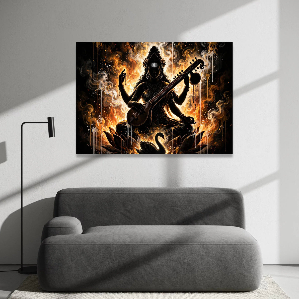 Spiritual Goddess Saraswati Canvas Wall Art, Indian Deity Music Instrument, Elegant Lotus and Swan Design, Mystical Home Canvas Print Art