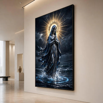 Radiant Virgin Mary Canvas, Praying Woman Religious Wall Art, Spiritual Home Decor, Divine Light Halo Artwork, Canvas Print Art