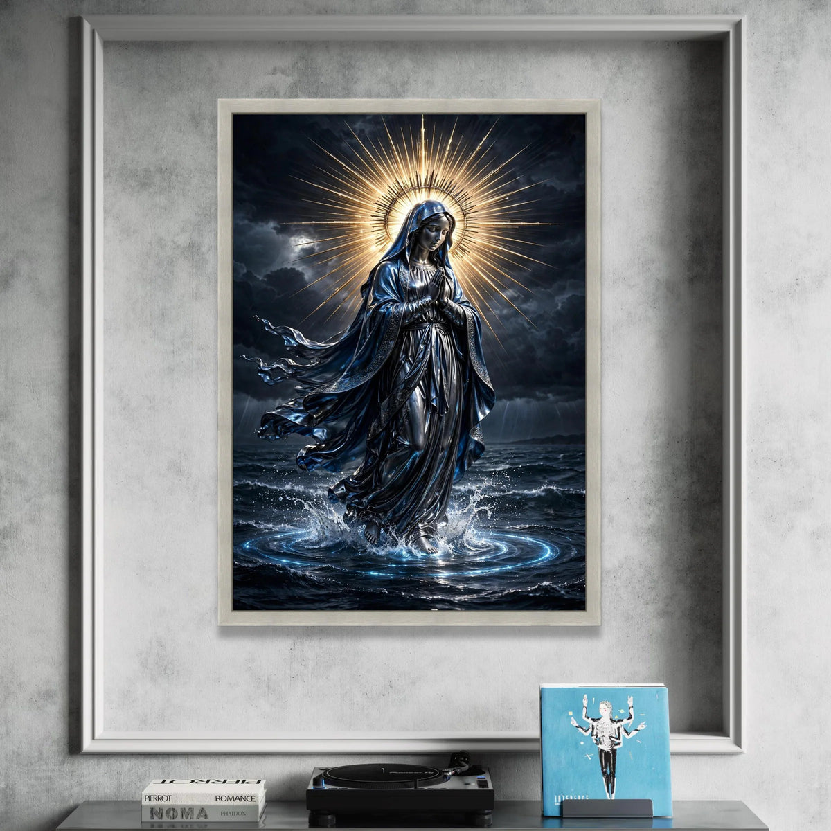 Radiant Virgin Mary Canvas, Praying Woman Religious Wall Art, Spiritual Home Decor, Divine Light Halo Artwork, Canvas Print Art