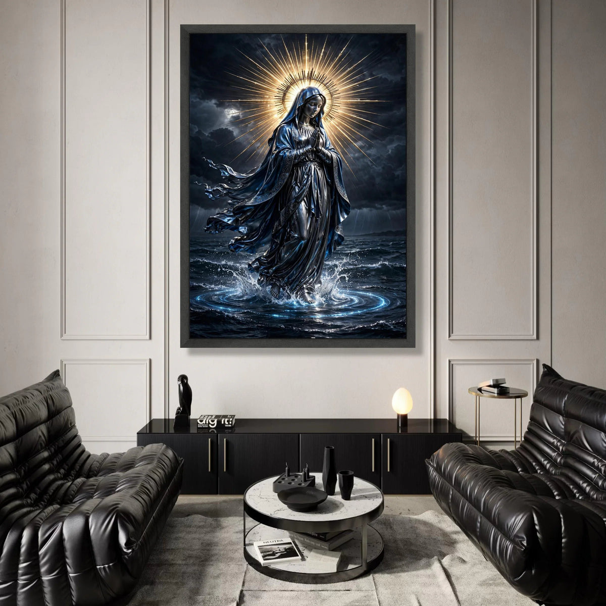 Radiant Virgin Mary Canvas, Praying Woman Religious Wall Art, Spiritual Home Decor, Divine Light Halo Artwork, Canvas Print Art