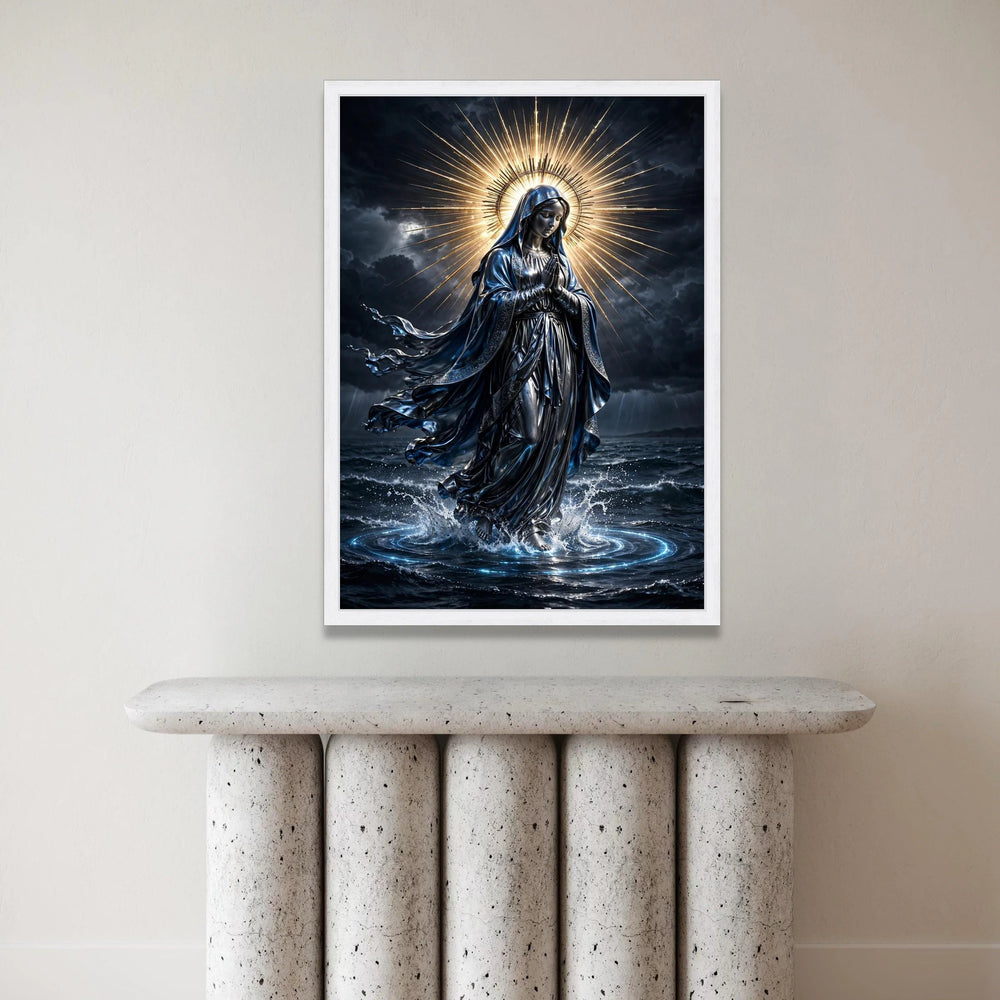 Radiant Virgin Mary Canvas, Praying Woman Religious Wall Art, Spiritual Home Decor, Divine Light Halo Artwork, Canvas Print Art