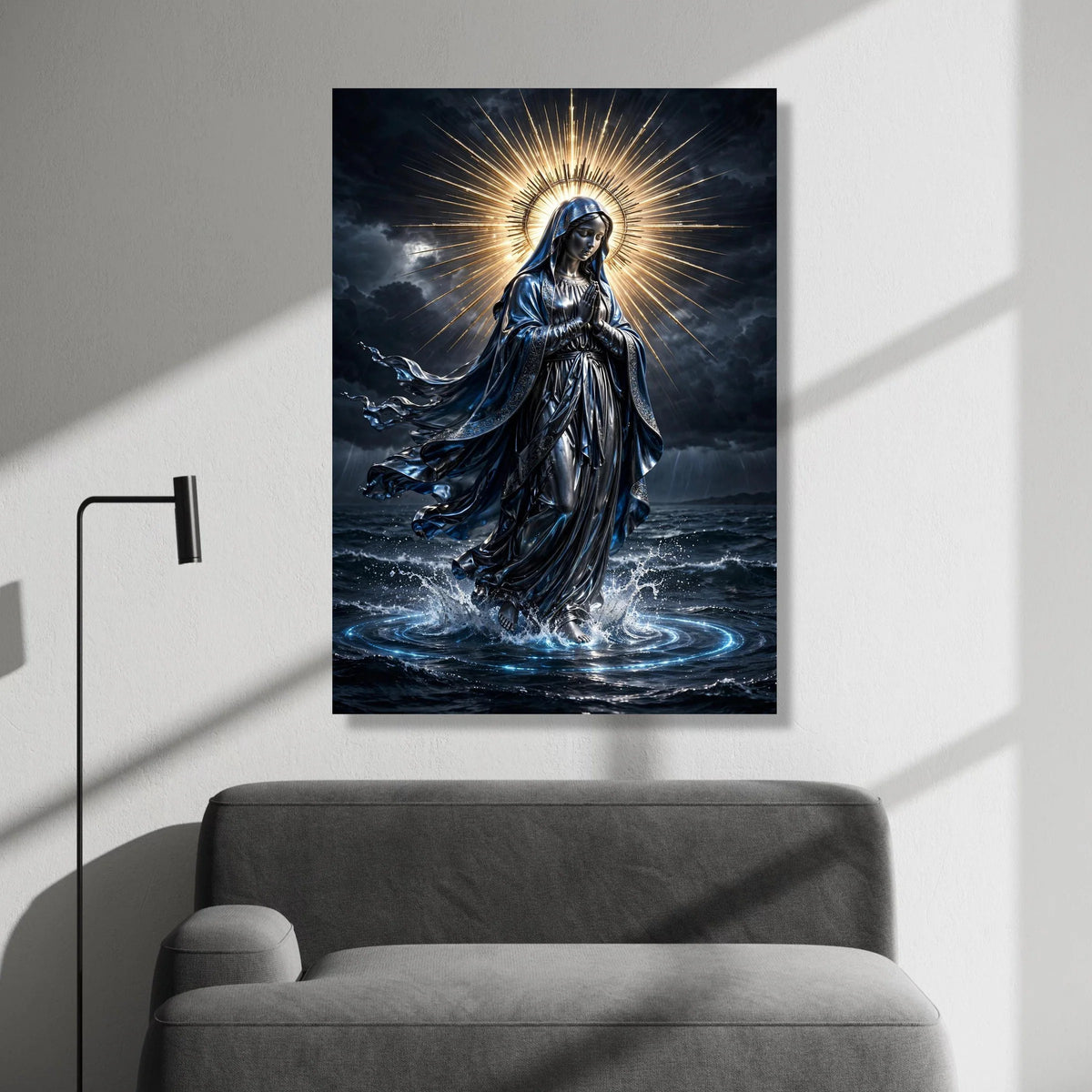 Radiant Virgin Mary Canvas, Praying Woman Religious Wall Art, Spiritual Home Decor, Divine Light Halo Artwork, Canvas Print Art