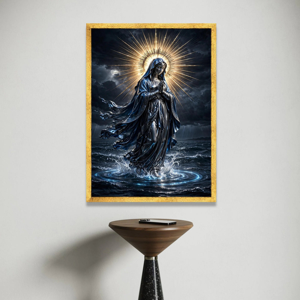 Radiant Virgin Mary Canvas, Praying Woman Religious Wall Art, Spiritual Home Decor, Divine Light Halo Artwork, Canvas Print Art