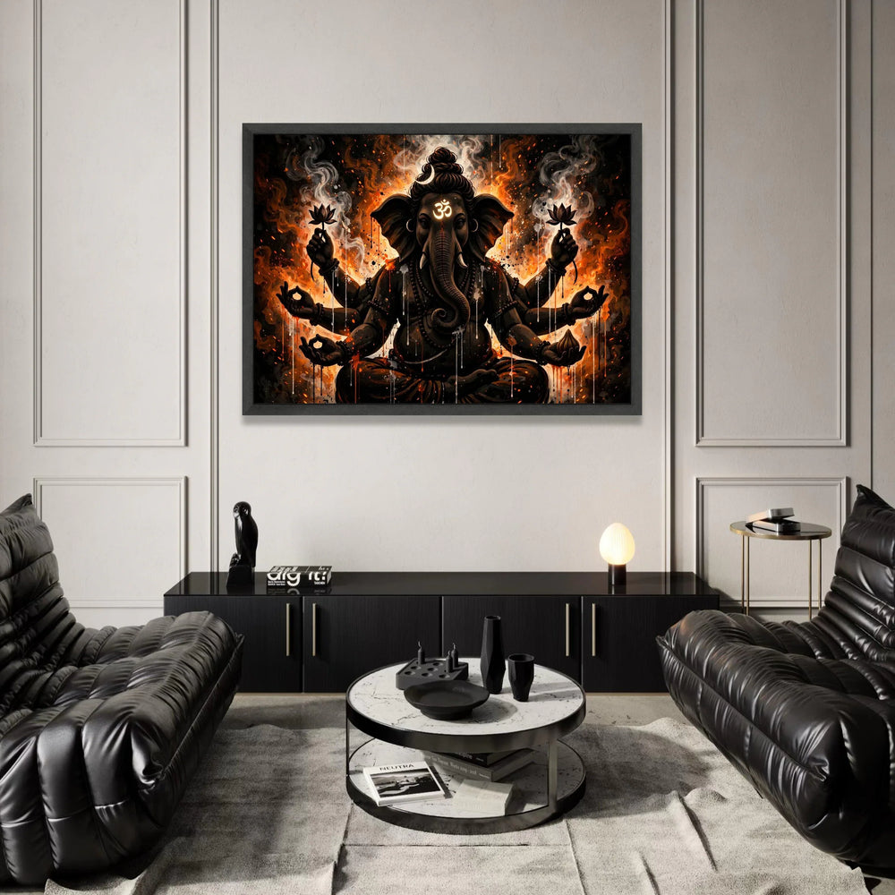 Mystic Lord Ganesha Canvas Wall Art, Spiritual Elephant God Painting, Om Symbol Artwork, Ethnic Indian Decor, Meditation Canvas Print Art
