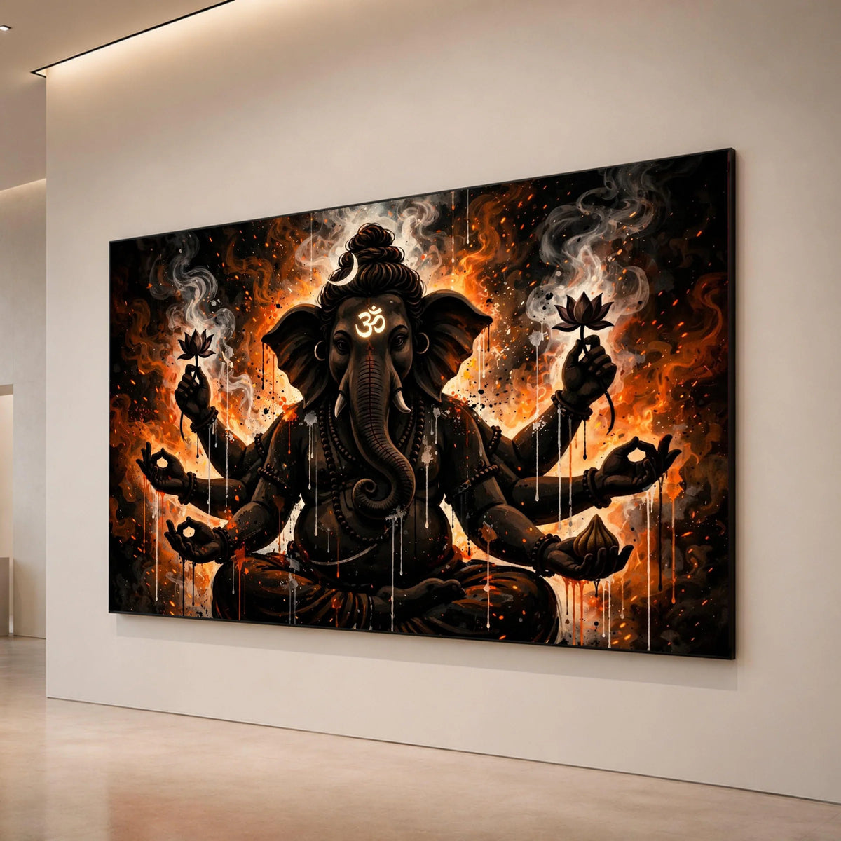 Mystic Lord Ganesha Canvas Wall Art, Spiritual Elephant God Painting, Om Symbol Artwork, Ethnic Indian Decor, Meditation Canvas Print Art