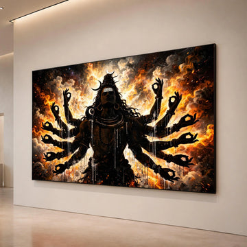 Shiva with Multiple Arms Canvas, Spiritual Hindu God Wall Art, Fire and Cosmic Background, Meditation Pose Canvas, Mystical Canvas Print Art