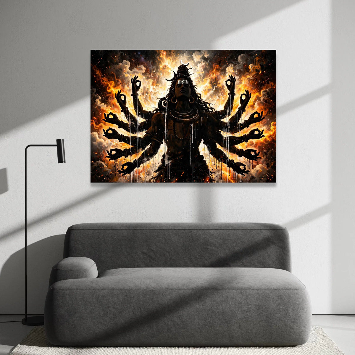 Shiva with Multiple Arms Canvas, Spiritual Hindu God Wall Art, Fire and Cosmic Background, Meditation Pose Canvas, Mystical Canvas Print Art
