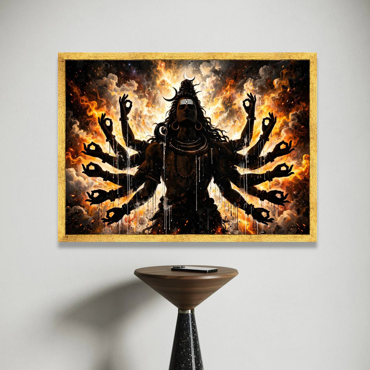 Shiva with Multiple Arms Canvas, Spiritual Hindu God Wall Art, Fire and Cosmic Background, Meditation Pose Canvas, Mystical Canvas Print Art