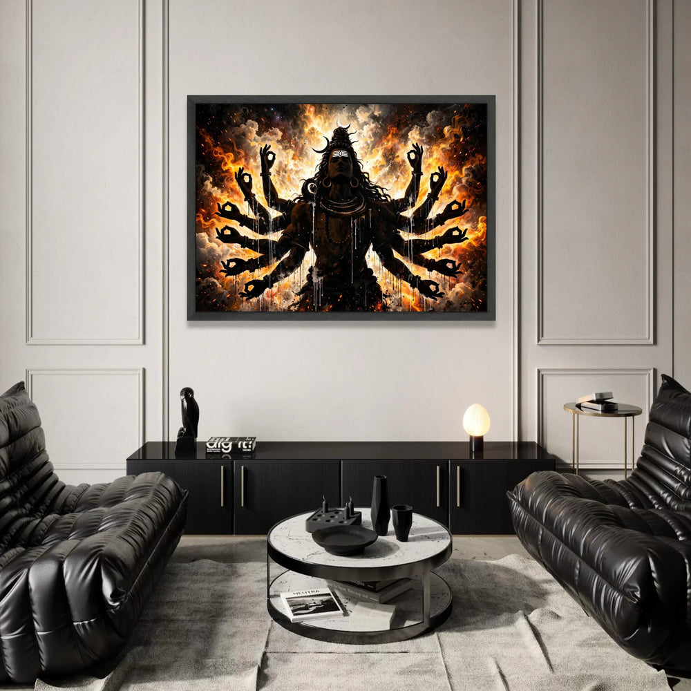 Shiva with Multiple Arms Canvas, Spiritual Hindu God Wall Art, Fire and Cosmic Background, Meditation Pose Canvas, Mystical Canvas Print Art