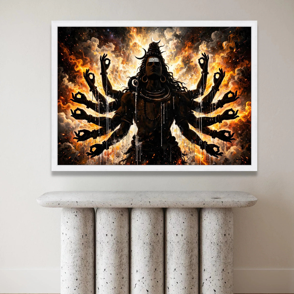 Shiva with Multiple Arms Canvas, Spiritual Hindu God Wall Art, Fire and Cosmic Background, Meditation Pose Canvas, Mystical Canvas Print Art