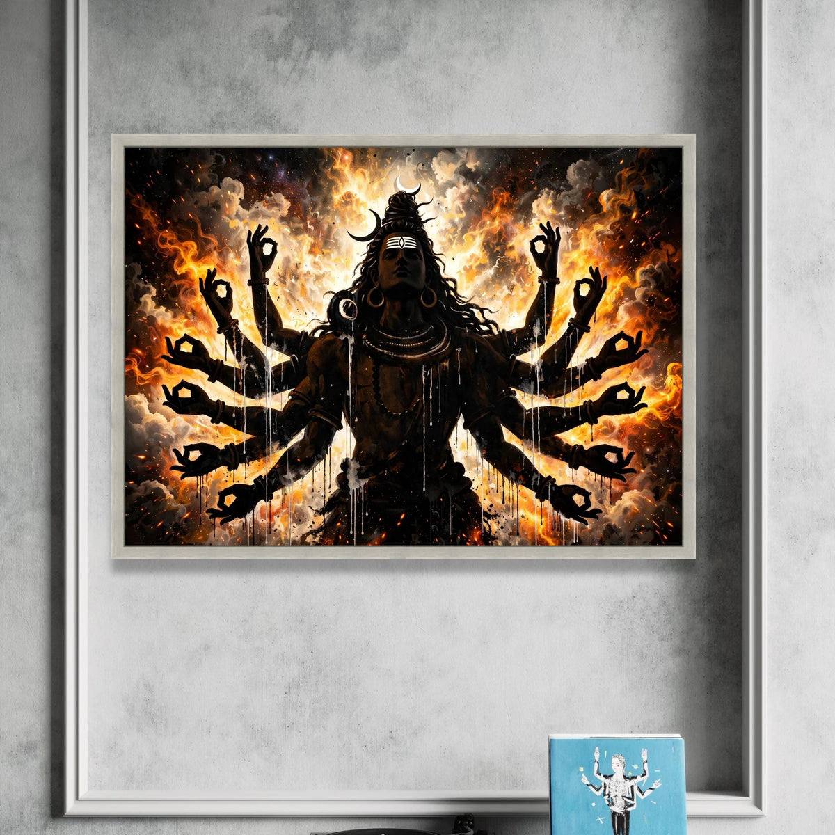 Shiva with Multiple Arms Canvas, Spiritual Hindu God Wall Art, Fire and Cosmic Background, Meditation Pose Canvas, Mystical Canvas Print Art