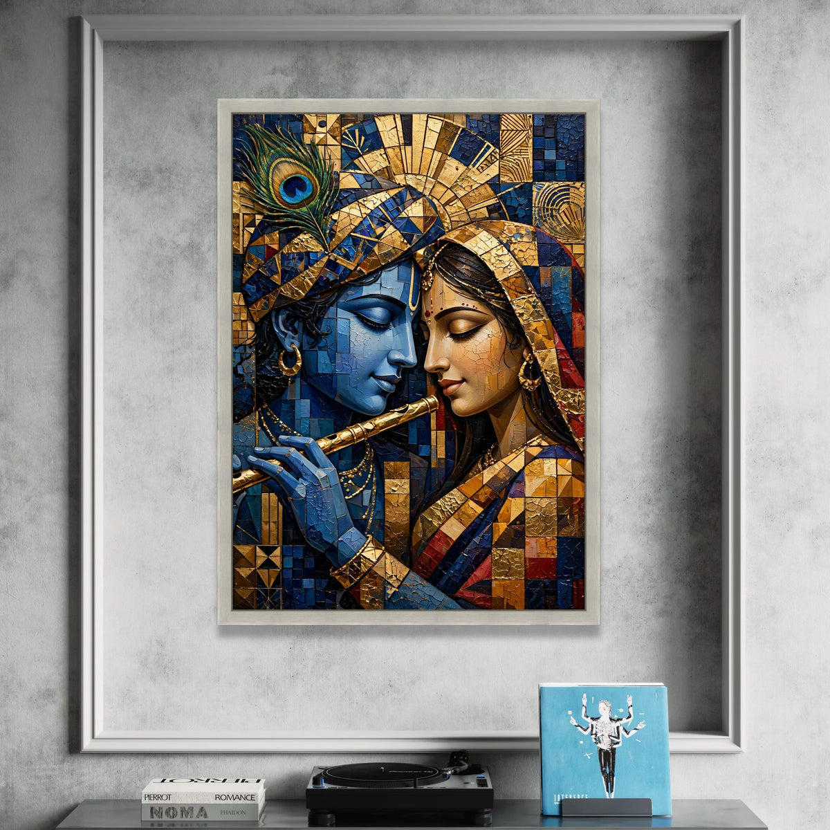 Divine Krishna and Radha Portrait Canvas, Romantic Indian Art, Blue and Gold Wall Decoration, Mythical Couple Canvas, Canvas Print Art