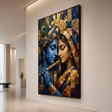 Divine Krishna and Radha Portrait Canvas, Romantic Indian Art, Blue and Gold Wall Decoration, Mythical Couple Canvas, Canvas Print Art