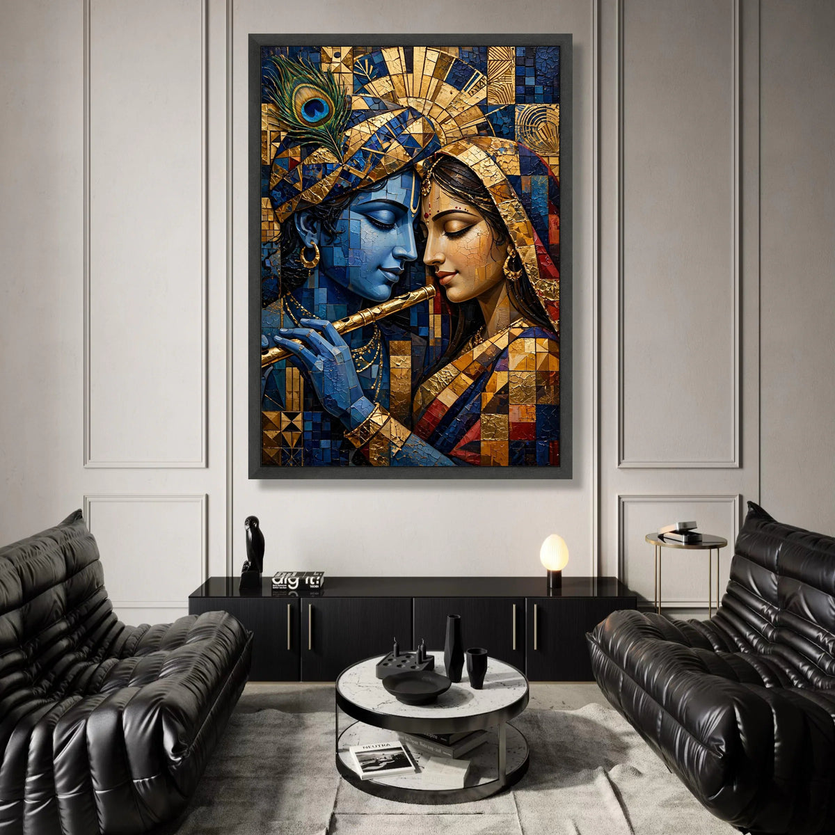 Divine Krishna and Radha Portrait Canvas, Romantic Indian Art, Blue and Gold Wall Decoration, Mythical Couple Canvas, Canvas Print Art