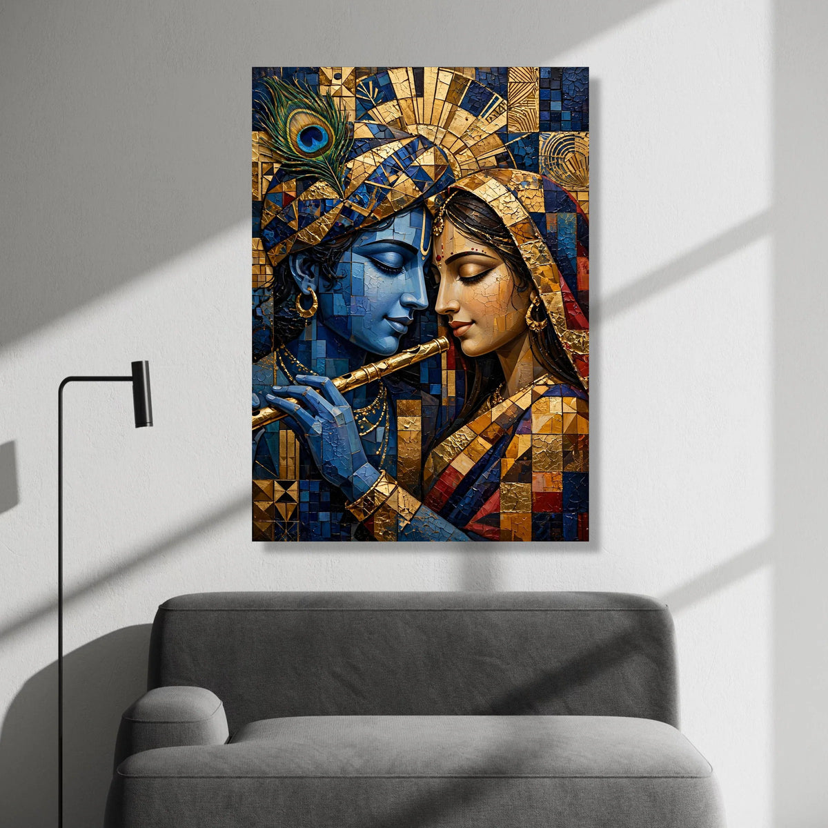 Divine Krishna and Radha Portrait Canvas, Romantic Indian Art, Blue and Gold Wall Decoration, Mythical Couple Canvas, Canvas Print Art