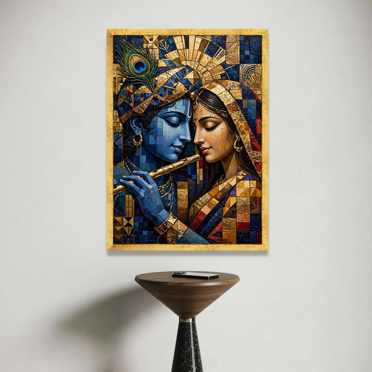 Divine Krishna and Radha Portrait Canvas, Romantic Indian Art, Blue and Gold Wall Decoration, Mythical Couple Canvas, Canvas Print Art