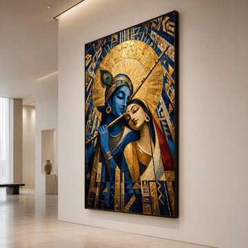 Krishna Radha Divine Love Canvas, Spiritual Indian Art, Blue God Flute Painting, Hindu Mythology Wall Art, Elegant Sacred Canvas Print Art