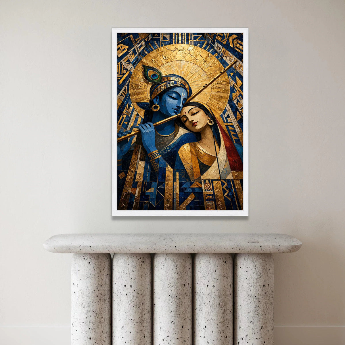 Krishna Radha Divine Love Canvas, Spiritual Indian Art, Blue God Flute Painting, Hindu Mythology Wall Art, Elegant Sacred Canvas Print Art
