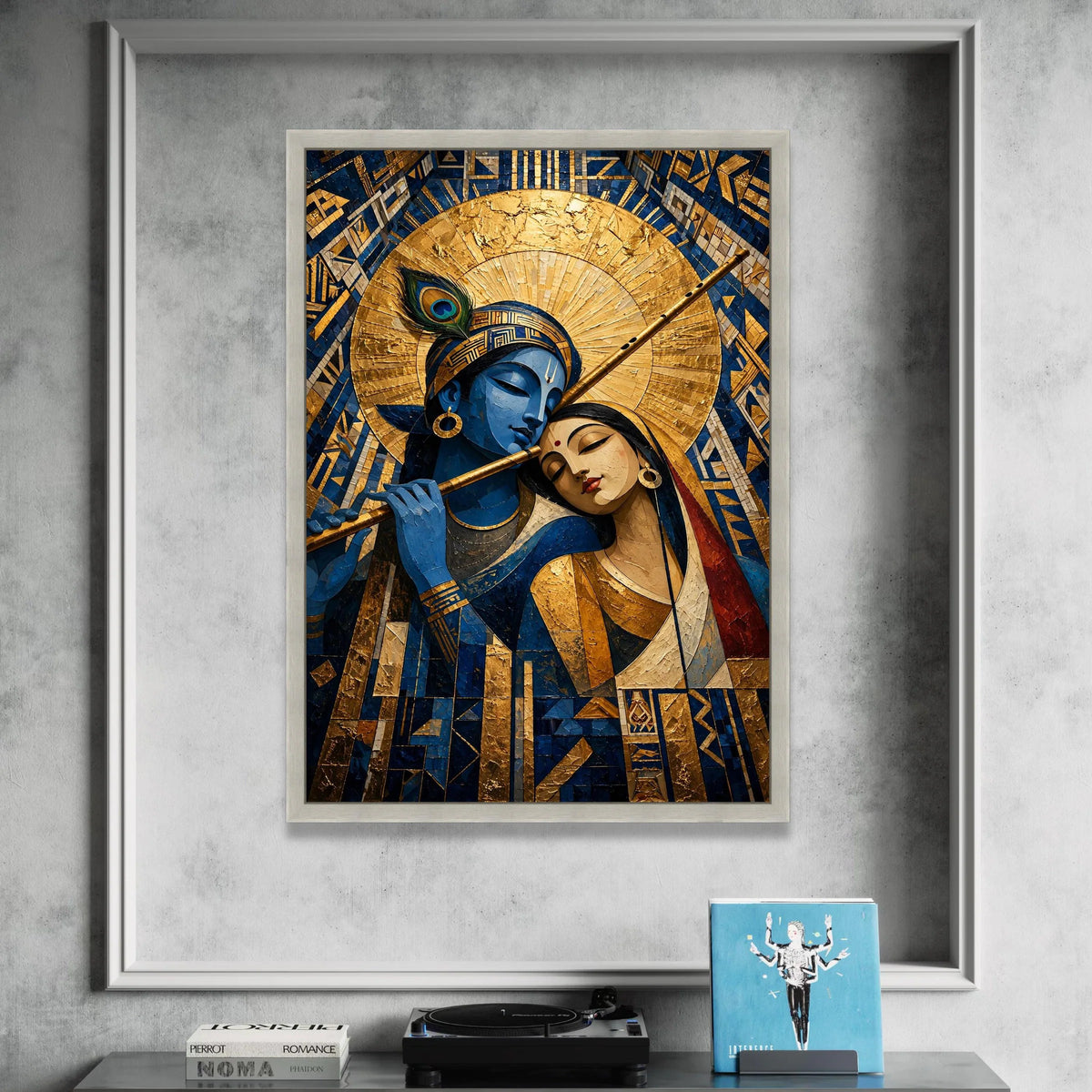 Krishna Radha Divine Love Canvas, Spiritual Indian Art, Blue God Flute Painting, Hindu Mythology Wall Art, Elegant Sacred Canvas Print Art