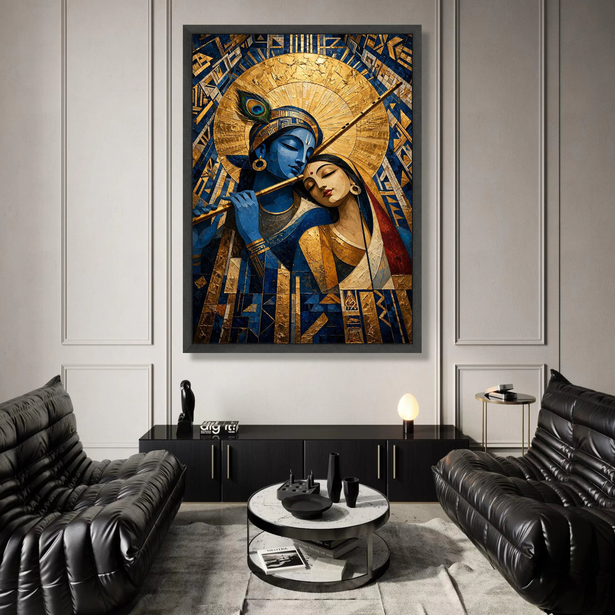 Krishna Radha Divine Love Canvas, Spiritual Indian Art, Blue God Flute Painting, Hindu Mythology Wall Art, Elegant Sacred Canvas Print Art