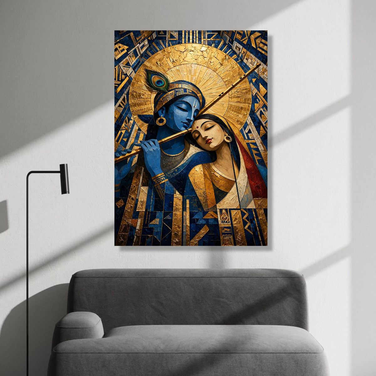 Krishna Radha Divine Love Canvas, Spiritual Indian Art, Blue God Flute Painting, Hindu Mythology Wall Art, Elegant Sacred Canvas Print Art