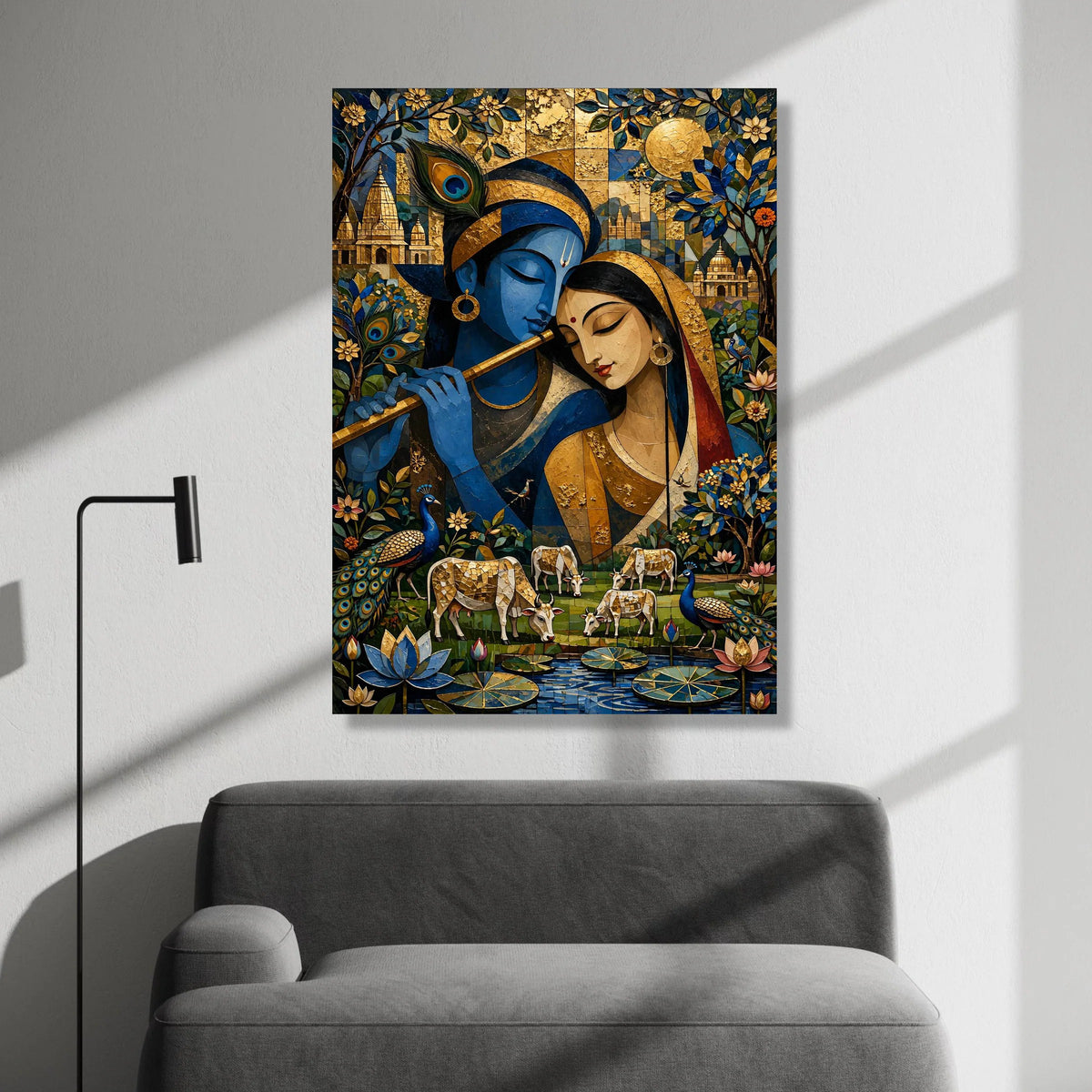 Krishna and Radha Canvas Wall Art, Indian Love Scene, Spiritual Art Print, Blue and ative Canvas, Traditional Indian Home Canvas Print Art