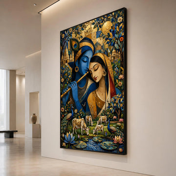 Krishna and Radha Canvas Wall Art, Indian Love Scene, Spiritual Art Print, Blue and ative Canvas, Traditional Indian Home Canvas Print Art