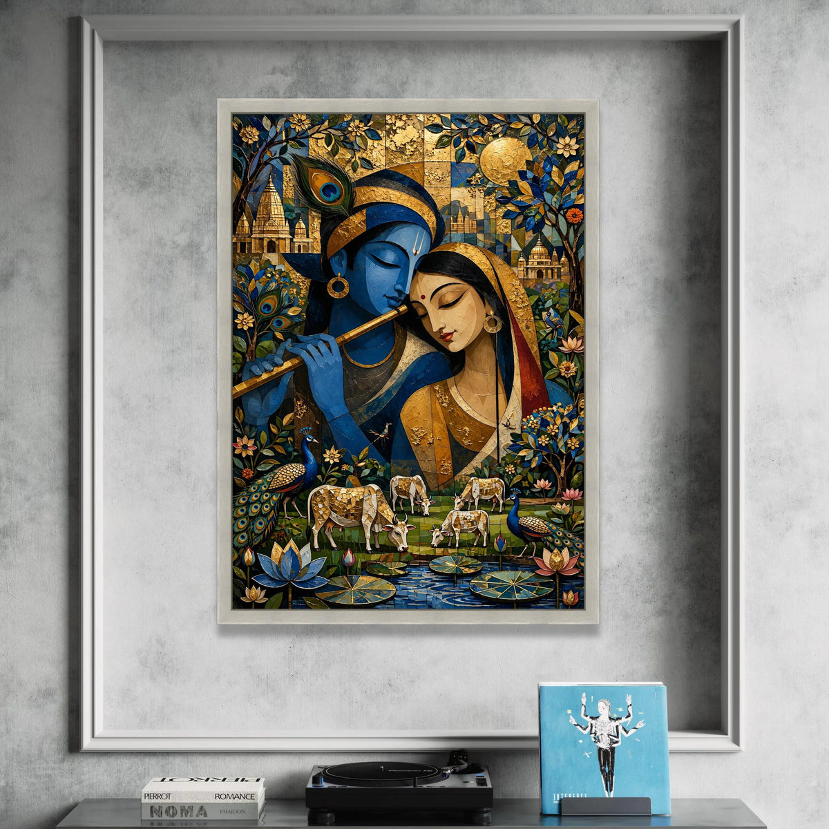 Krishna and Radha Canvas Wall Art, Indian Love Scene, Spiritual Art Print, Blue and ative Canvas, Traditional Indian Home Canvas Print Art
