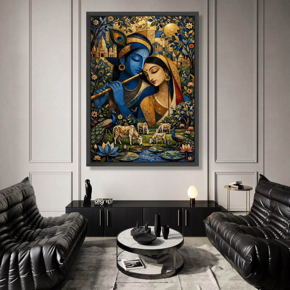 Krishna and Radha Canvas Wall Art, Indian Love Scene, Spiritual Art Print, Blue and ative Canvas, Traditional Indian Home Canvas Print Art