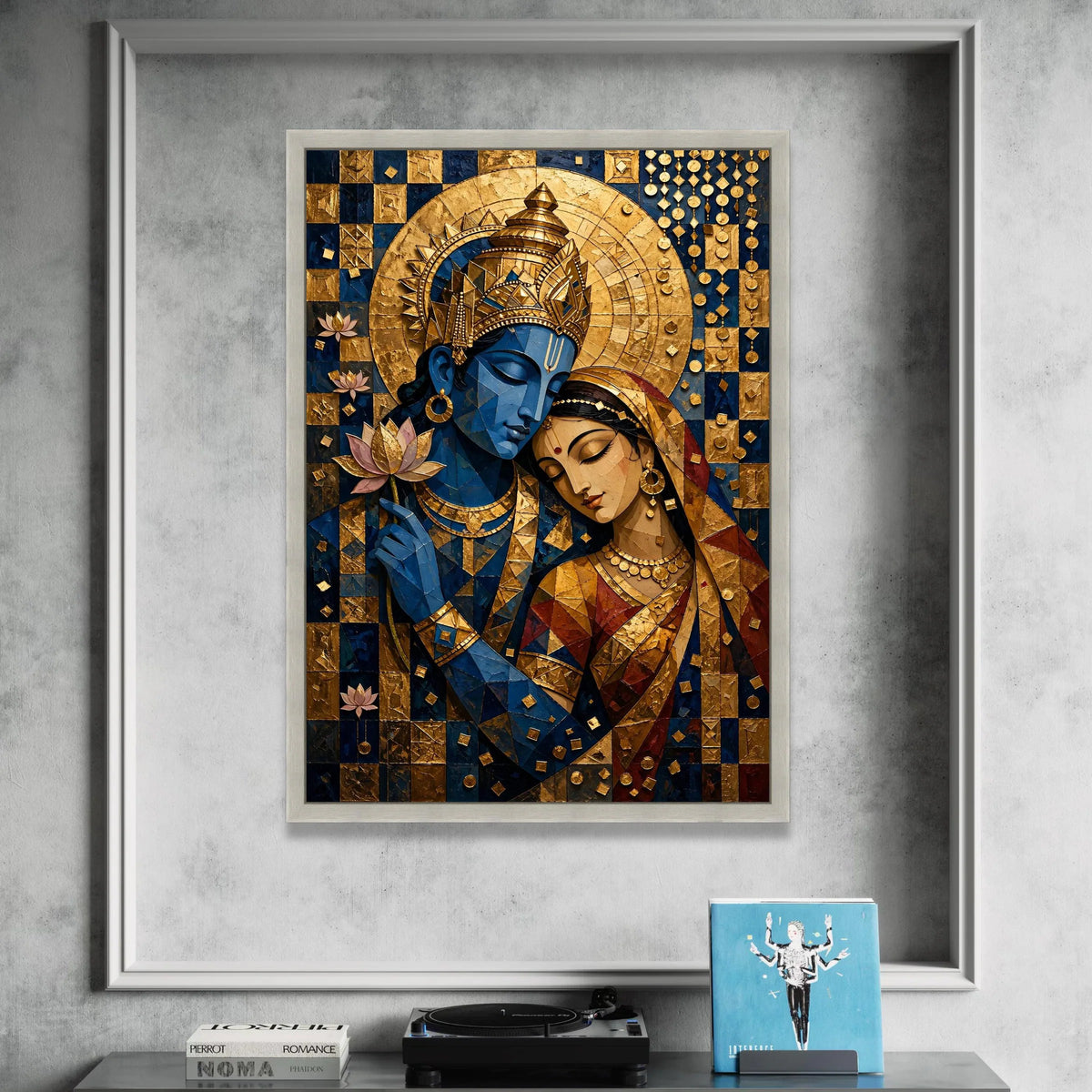 Divine Radha Krishna Embrace Canvas, Spiritual Indian Art, Blue and Gold Wall Art, Hindu God and Goddess Painting, Home Canvas Print Art
