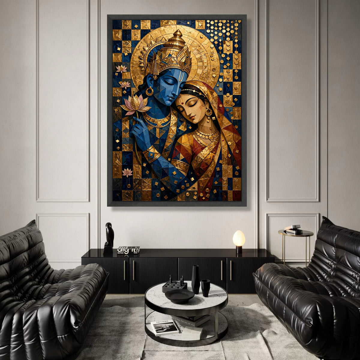 Divine Radha Krishna Embrace Canvas, Spiritual Indian Art, Blue and Gold Wall Art, Hindu God and Goddess Painting, Home Canvas Print Art